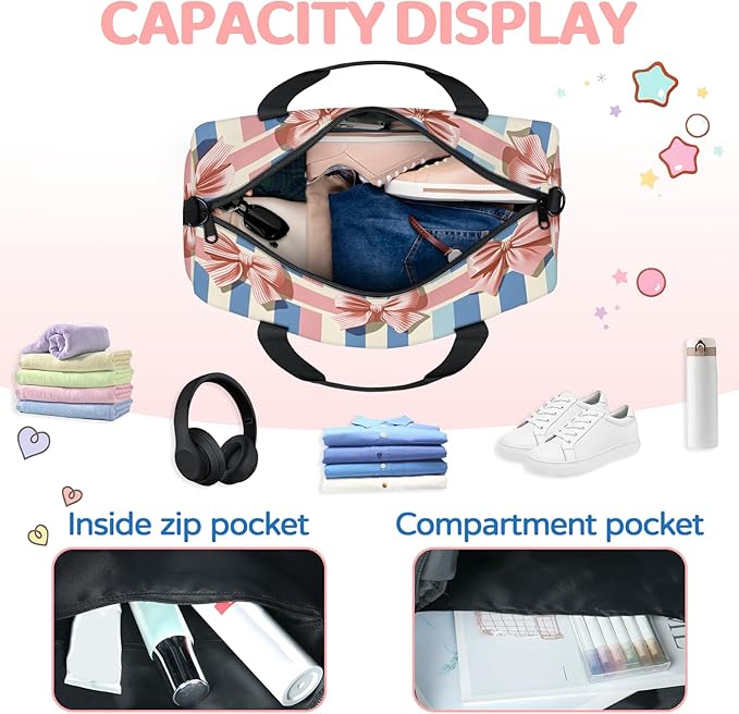 Bow Design Travel Duffle Bag for Women Men, Overnight Weekender Bag, Carry on Tote for Sport Gym
