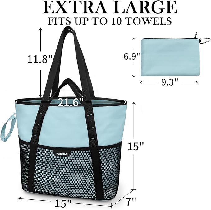 Large Beach Bag with Zipper-8 Pockets Sandproof Beach Tote Bag for Women,Foldable Lightweight Family Swim Bag Vacation
