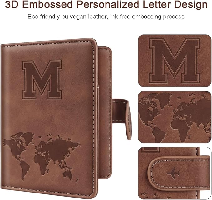 Passport Holder Wallet Cover Personalized Letter A-Z Travel Wallet RFID Blocking Passport Cover Wallet Case for Travel Passport Book Holders for Women and Men, Brown-M