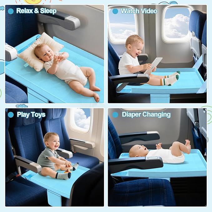 Toddler Airplane Bed - Airplane Seat Extender for Kids - Barrier Designed Flyaway Kids Bed Airplane with Pockets - Portable Plane Bed Foot Rest for Flights Travel Essentials Blue