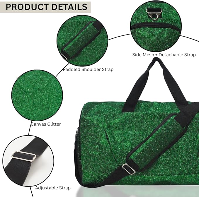 NGIL Glitter Cheers Sports Gym Duffel with Shoe Compartment and Small Carry on Travel Tote Bags for Women, Gym bag, Overnight bags for Women, Cheer Bag (Glitter-Green)