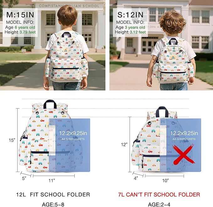 STEAMEDBUN Corduroy Toddler Backpack for Boys 2-4: Kids backpack for Boys Girls - 12 inch Preschool Kindergarten Backpacks - Car