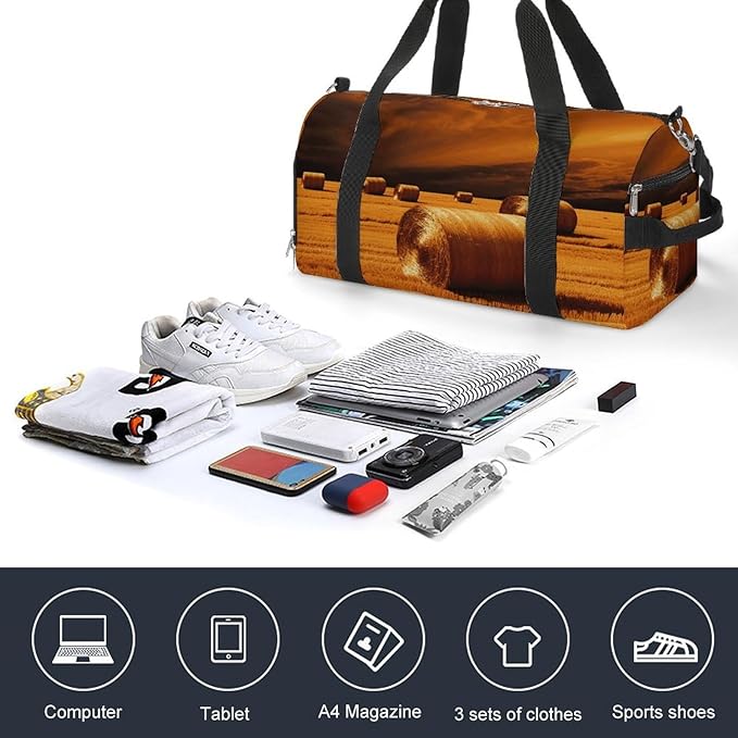 Oxford Cloth Hay Bales Gym Bag,Duffle Bag with Shoes Compartment And Adjustable Shoulder Straps，Weekender Bags for Men Women.