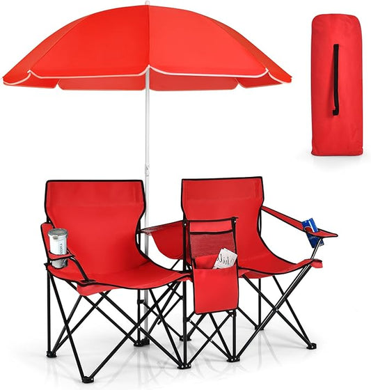 KOTEK Double Camping Chair, Folding Camp Chair with Removable Umbrella, Cup Holders, Cooler Bag, Side Pocket & Carry Bag, 2-Person Beach Chair for Outdoor, Sports, Concerts, Travel, Picnic (Red)