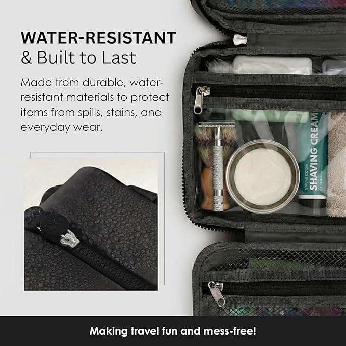 Travel Toiletry Bag for Men & Women, Large Capacity Makeup Organizer & Cosmetic Bag, Water-Resistant Portable Essentials Case with Metal Hook & Carry Handle - Perfect for Travel Use (Black, Small)