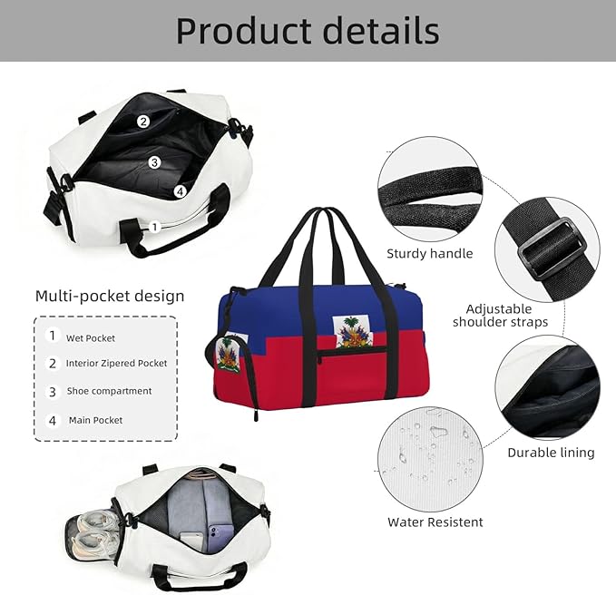 Haitian flag Print Gym Bag with Shoe Compartment for Women Men, 17.7in Sports Duffle Weekender Tote, Overnight Travel Duffel Bag Carry On