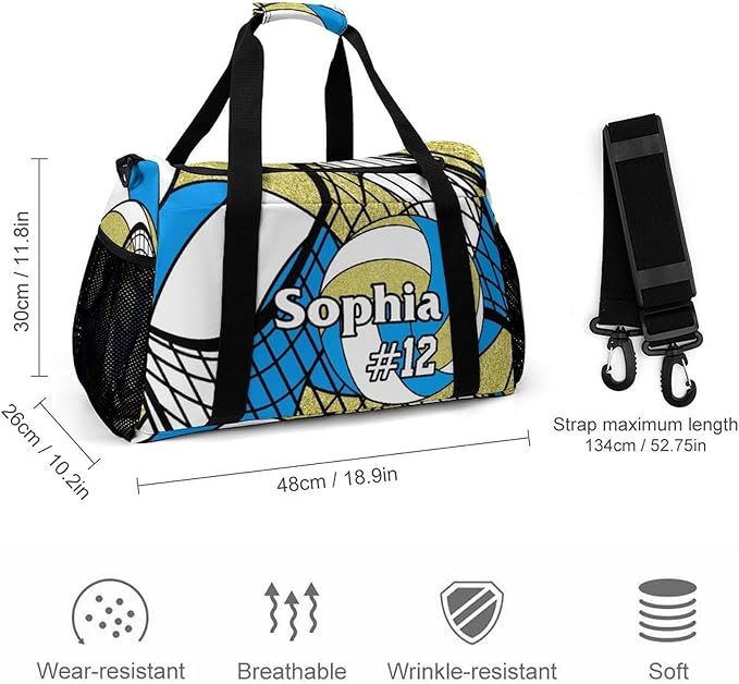 Custom Volleyball Blue Gold Duffel Bag with Name Personalized Travel Bags Sport Gym Bag Carry On Weekender Bags for Men Women
