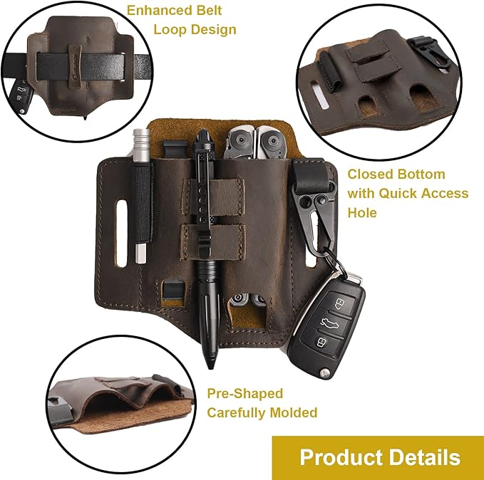 Gentlestache Multitool Belt Sheath, EDC Leather Belt Organizer, Belt Holder with Multitool Pouch, Flashlight Holder, Pen Holder and Keychain Clip, Practical EDC Belt Pouch for Men