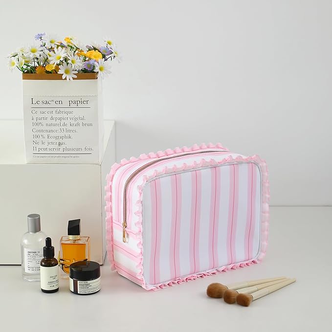 Stripe Ruffle Makeup Bag,Large Travel Cute Cosmetic Bag for Women Girls,Toiletry Bag Make up Organizer 11.8 x 4.7 x 9 inch (Pink Stripe)
