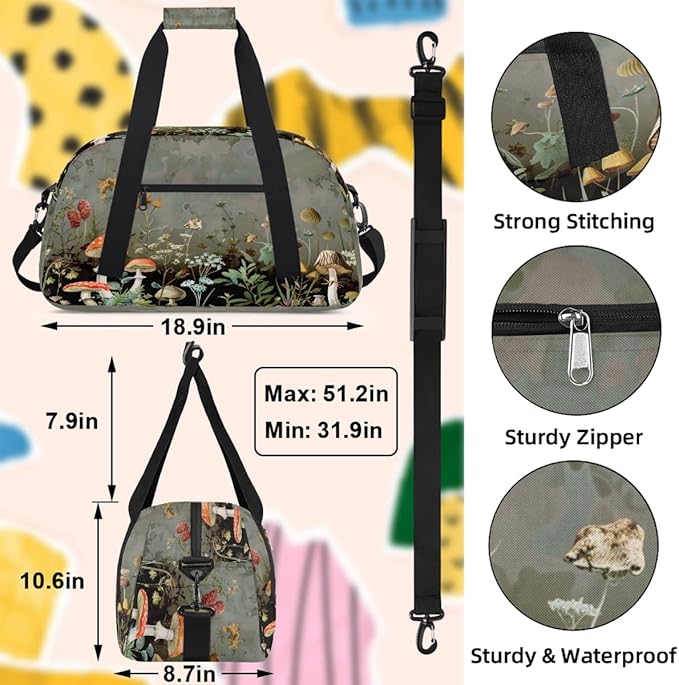 Vintage Mushroom Flowers Sports Duffel Bags, Water-Resistant Gym Duffle Bag for Men Women, Lightweight Weekender Overnight Bag for Fitness, Workout, Travel