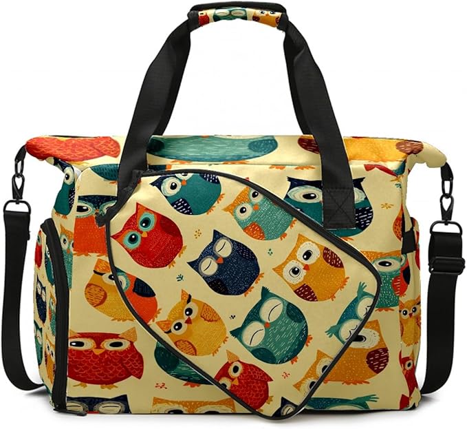 Playful Owl Yellow Gym Bag for Women & Tennis Bag, Large Sports Duffel Bag Waterproof with Ventilated Shoe Compartment & Front Racket Sleeve, Lightweight Travel Weekender Overnight Bag