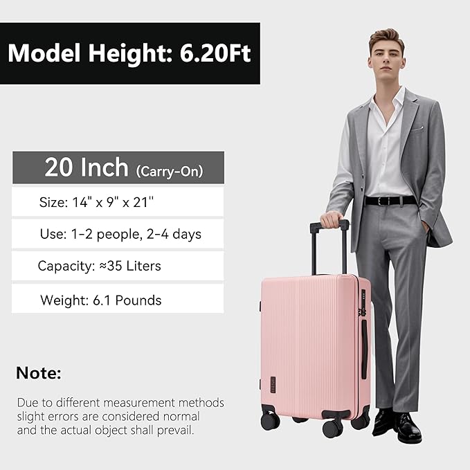Carry On Luggage with TSA Lock, Carry on Suitcase 22x14x9 Airline Approved, Carry-on luggage with 360° Spinner Wheels, Hardside 20 Inch Lightweight Hard Shell Suitcase (Pink, 20-Inch)