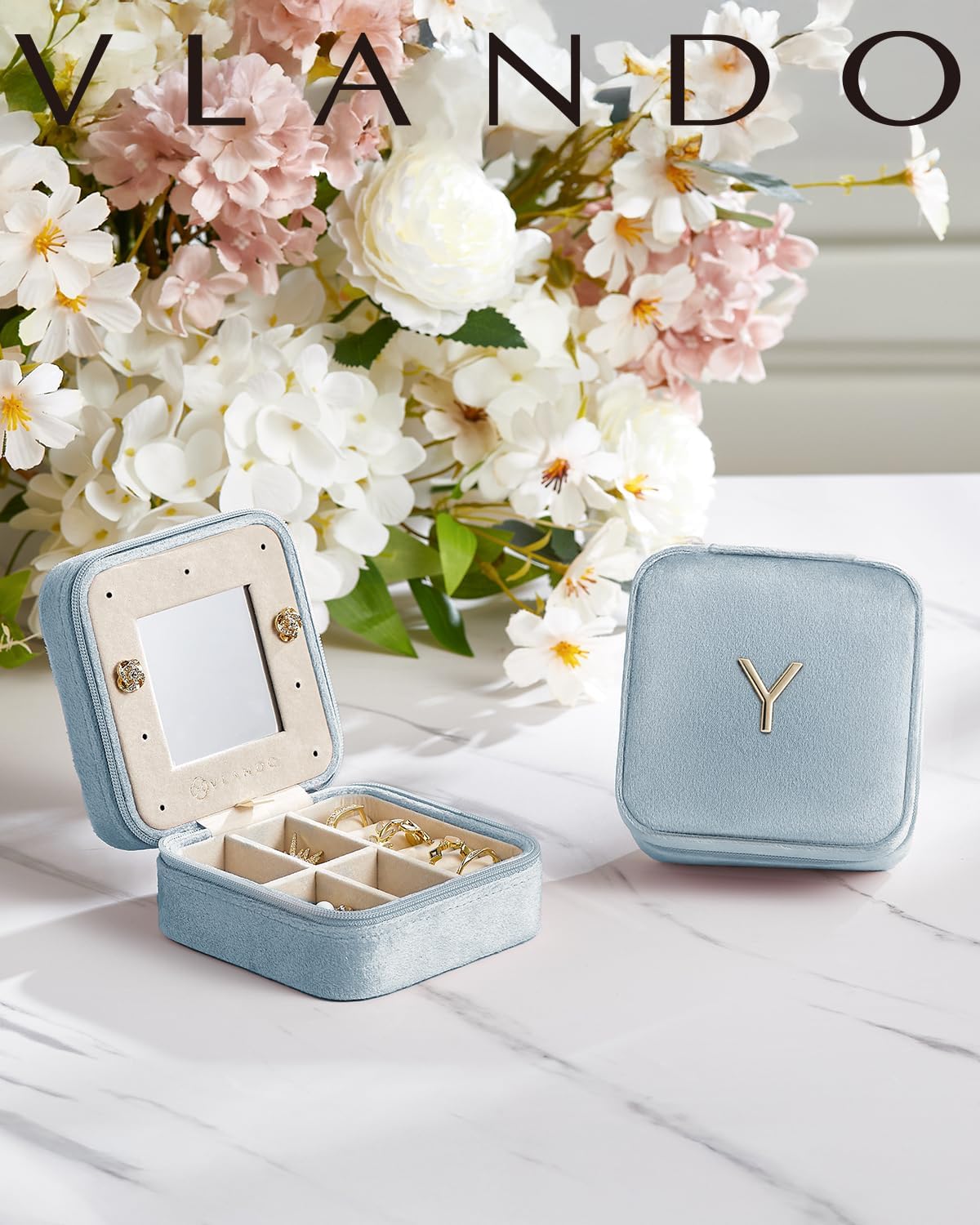 Vlando Mom Gifts for Women, Travel Jewelry Case for Mother Gifts, Travel Gifts for Mother Mom from Daughters, Travel Essentials Small Jewelry Box, Jewelry Travel Organizer - Letter T, Blue