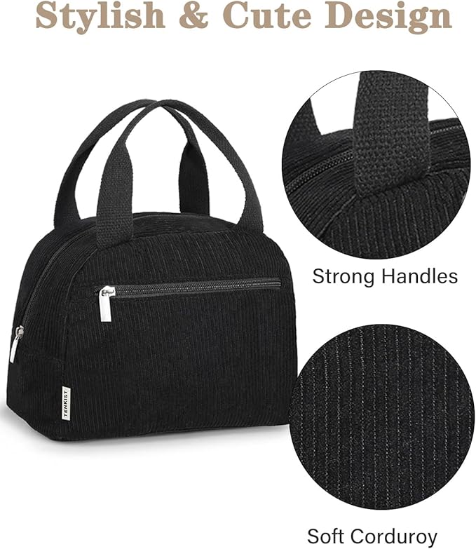 Cute Lunch Box Tote Bag - Corduroy Insulated Cooler Bags for Women - Lightweight Reusable Portable Soft Lunch Pail Kit for Kids Teen Girl Adults Work School Picnic Travel Black 12L