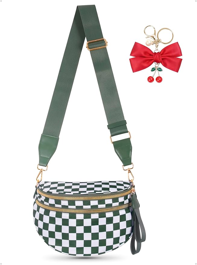 Checkered Crossbody Bag for Women, Spacious Sling & Stylish Bum Bag for Travel, Concerts, Festival, Nylon Fanny Pack Belt Bag (Colour Bum Bag-Beans Green Checkered)