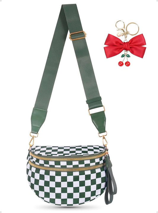 Checkered Crossbody Bag for Women, Spacious Sling & Stylish Bum Bag for Travel, Concerts, Festival, Nylon Fanny Pack Belt Bag (Colour Bum Bag-Beans Green Checkered)