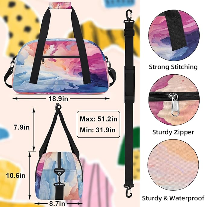 Sports Duffel Bags, Pink Blue Watercolor Splashes Water-Resistant Gym Duffle Bag for Men Women, Lightweight Weekender Overnight Bag for Fitness, Workout, Travel