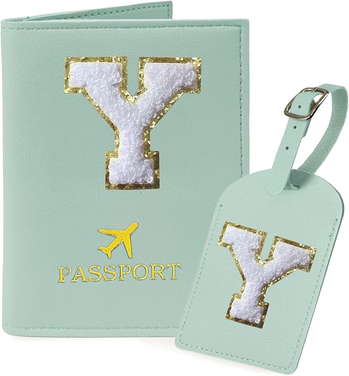 COSHAYSOO Green Passport Cover and Luggage Tag Set TSA Approved with Her Initial Chenille Letter Patch, Monogrammed Travel Bag Backpack Suitcase Identifier Gifts for Mom Women Teacher (Y)