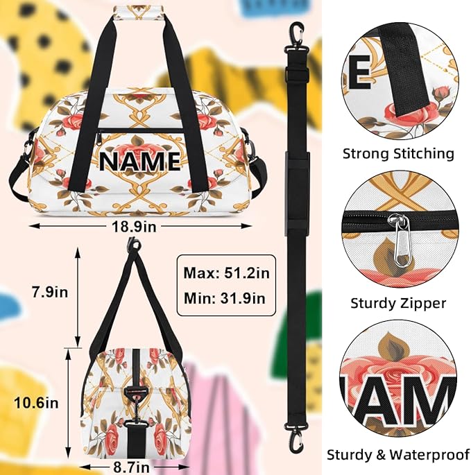 Vintage Floral Mini Gym Bag 18 inch for Women Men Waterproof Custom Pink Rose Travel Duffel Bag Carry On Overnight Tote Nurse Bag for Work Fitness Hiking