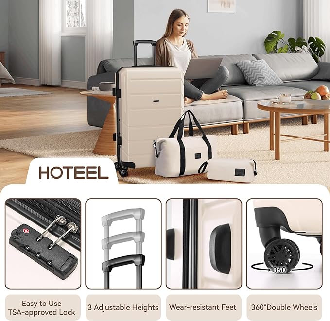 Hoteel Expandable 5 Piece Luggage Set (4-YEARS WARRANTY) ABS+PC Hardshell Carry on Suitcase Silent Universal Wheels & TSA Lock for, Unisex Rolling Suit Case, for Travel, Family, Beige(20/24/28/DB/TB)