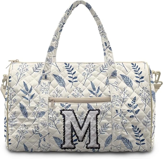 COEQINE Quilted Duffle Bag Women Personal Item Travel Bag Blue White Initial Name A-Z Large Capacity Flower Travel Bag with Trolley Sleeve