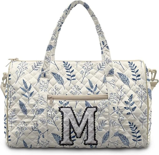 COEQINE Quilted Duffle Bag Women Personal Item Travel Bag Blue White Initial Name A-Z Large Capacity Flower Travel Bag with Trolley Sleeve