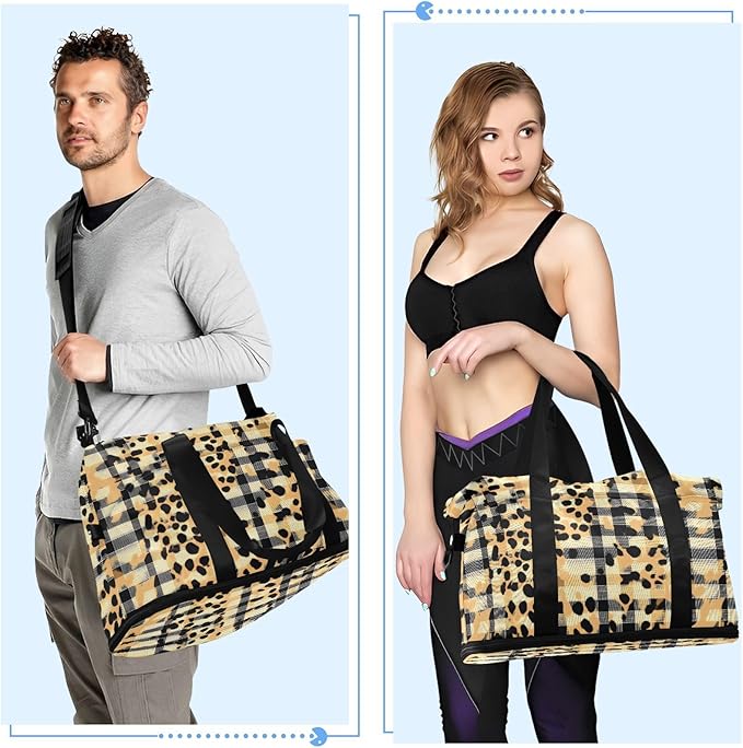 Gym Bag Duffel Bags Checkered Leopard Print Carry On Weekender Bag Set with Shoes Compartment for Travel Sports Yoga