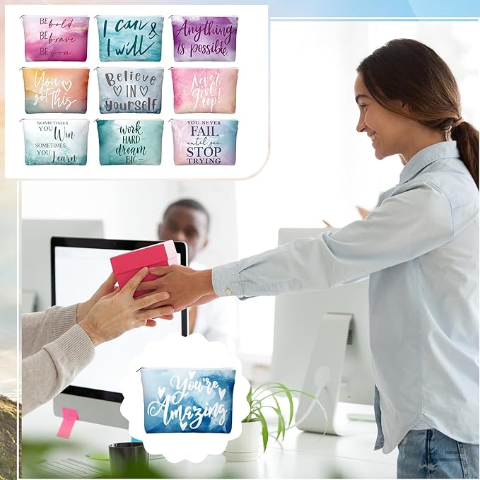 20 Pcs Employee Appreciation Gifts For Women Inspirational Canvas Makeup Bags Portable Compact Mirror Bulk Cosmetic Bags Thank You Gifts for Social Worker Coworkers (Motivation,Pastel)