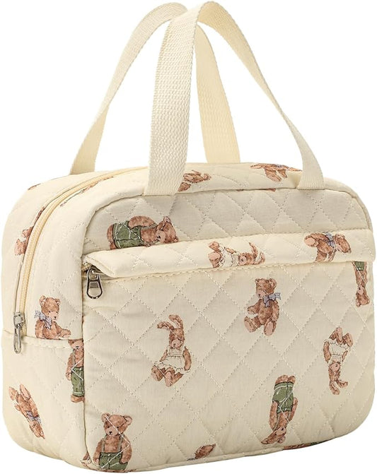uekeboag Large Size Quilted Coquette Makeup Bag, Cute Preppy Floral Cotton Travel Cosmetic Organizer Bag with Top Handle, Multi-Layer Travel Toiletry Pouch for Girls (04Bear)