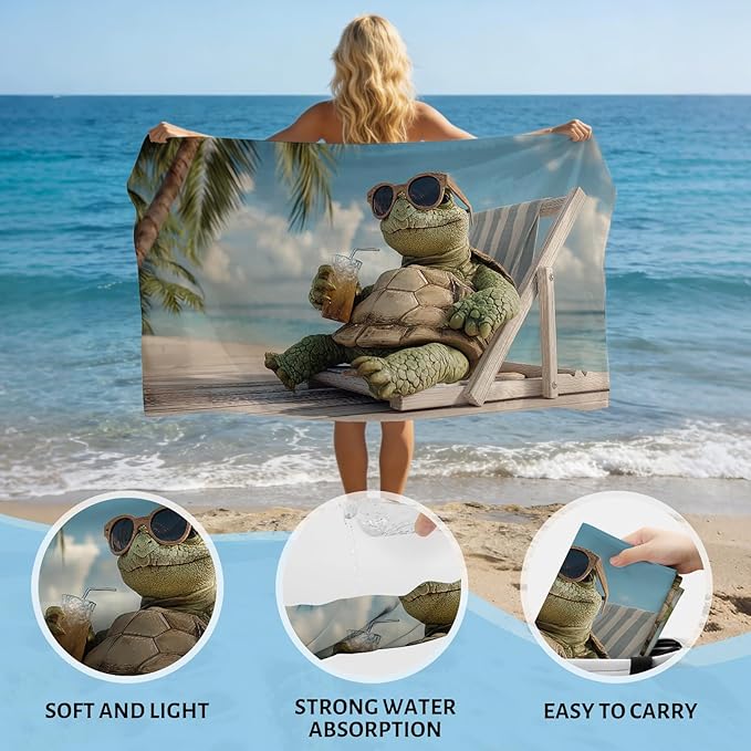 SARA NELL Turtle Beach Towel, Relaxing Sea Turtle with Sunglasses and Drink Print, Summer Pool Beach Towel for Vacation, Soft Quick Dry Lightweight, 32"x52"