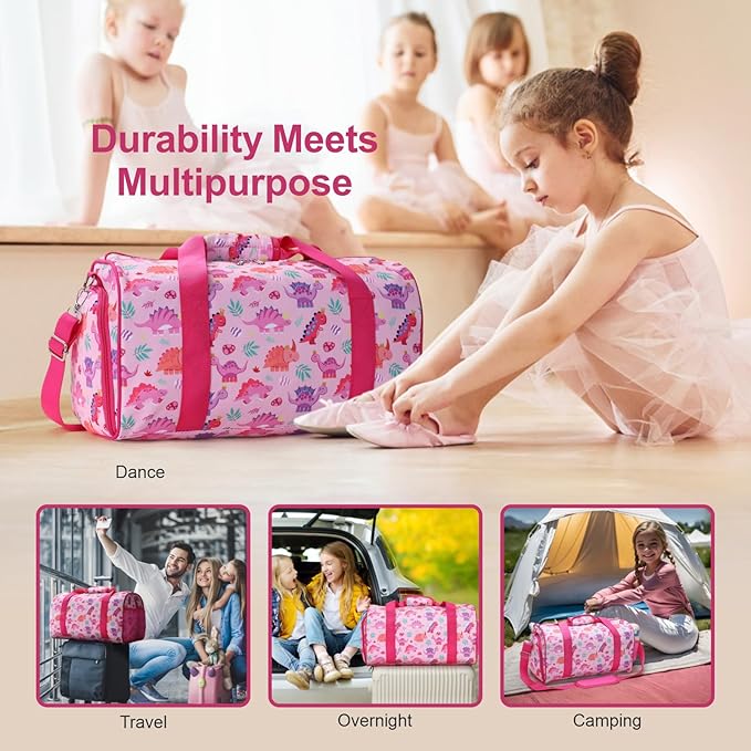 Bagseri Dance Bag for Girls - Kids Duffle with Shoe Compartment, Gymnastics Tote for Sleepover Travel with Water Resistant Wet Pocket (Pink & Crown Dinosaur)