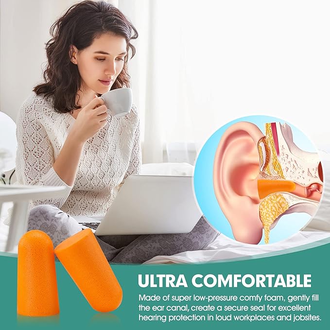 100 Pairs Orange Foam Ear Plugs - 33dB NRR Noise Cancelling, Soft & Comfortable, Individually Wrapped for Sleeping, Work, Travel, Loud Events, and Snoring