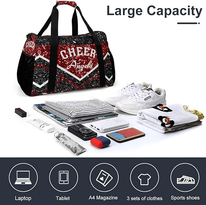 Cheer Red Black Maroon Glitter Print Waterproof Duffel Bag Adjustable Shoulder Strap Perform Training Travel Bag for Teens Adults Women Men Tote Bag