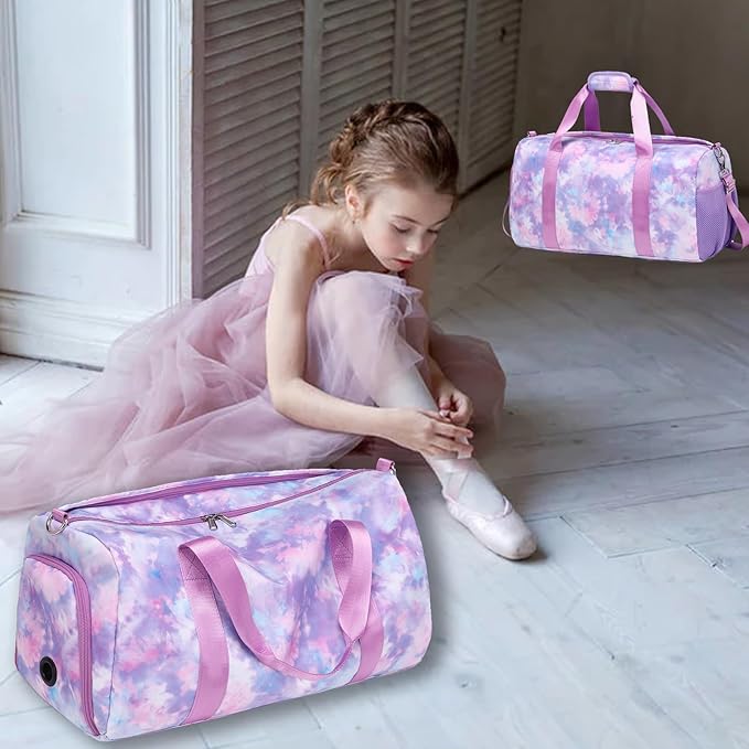 Dance Bag for Girls Sports Gym Bag for Girls Teen Travel Duffel Bags Waterproof Tie-dye Purple Overnight Duffel Bag with Shoe Compartment Ballet Gym Bag