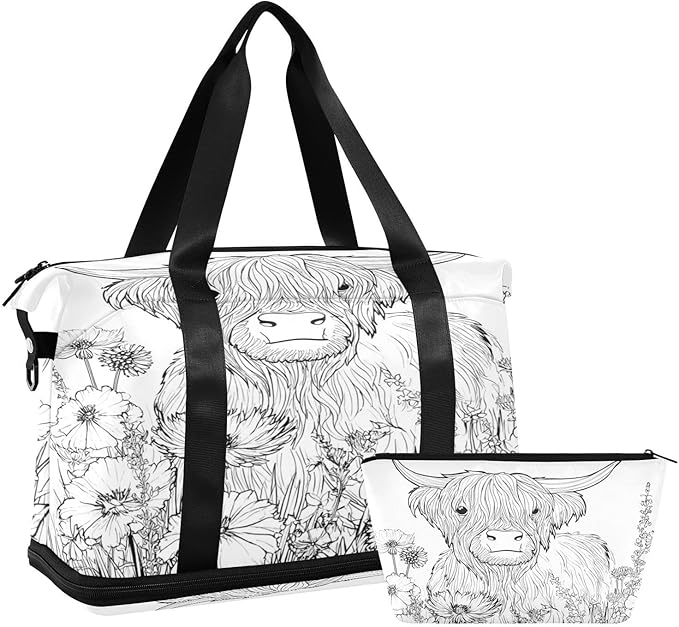 Travel Duffel Bags for Women Floral Highland Cow Line Art Print Sports Duffel Bags Gym Bags with Shoes Compartment Tote Bag Weekender Bag for Travelling
