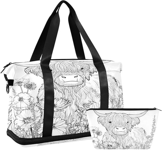 Travel Duffel Bags for Women Floral Highland Cow Line Art Print Sports Duffel Bags Gym Bags with Shoes Compartment Tote Bag Weekender Bag for Travelling