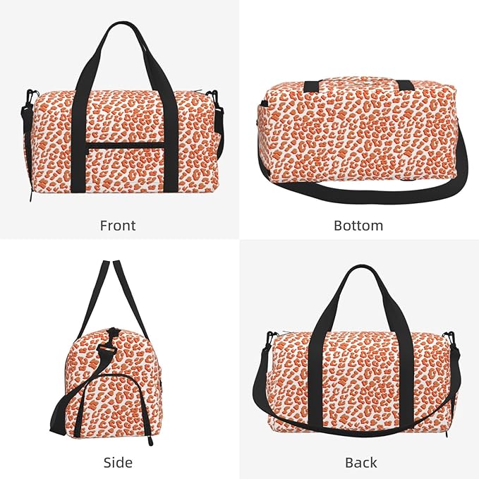 Amber Color And White Leopard Print Women'S Gym Duffle Bag With Shoes Compartment, Ideal For Travel, Gym, Sports, Duffel, Weekender