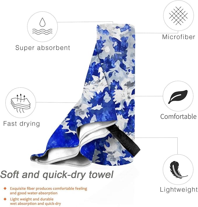 Blue And White Camouflage Sand Free Beach Towel – 27.5"X55" Quick Dry Microfiber Beach Towels For Travel, Swimming, Pool, And Camping, Absorbent And Compact Beach Essential For Women, And Men
