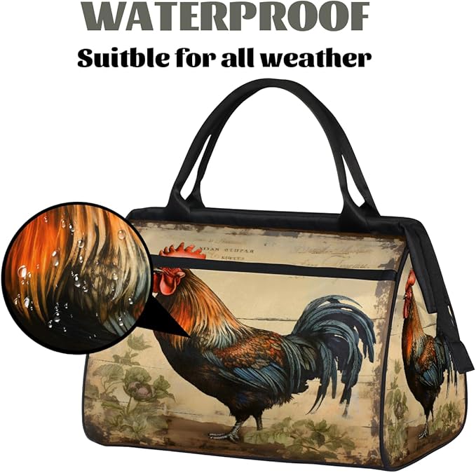 Multipurpose Duffle Bag, Waterproof Carry On Bag with Spacious Design, Retro Rooster Gym Bags, 15.2x8.3x11.6in