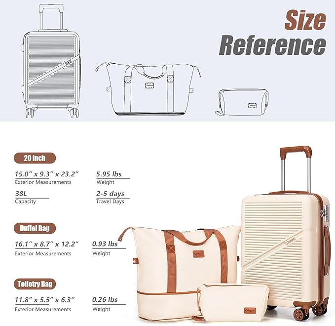 3-Piece Carry On Luggage Set 22x14x9 Airline Approved, 20 Inch Lightweight ABS Suitcases with Wheels and TSA Lock - Durable Waterproof Travel Suitcase Set