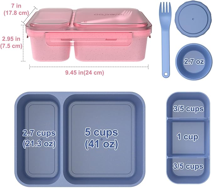 Caperci 2 Pack Salad Container for Lunch - 62 oz Large Bento Lunch Box for Adults, 2-Compartment Meal Prep Container with Removable Toppings Tray, Sauce Cup, Reusable Fork, BPA-Free (Navy & Pink)