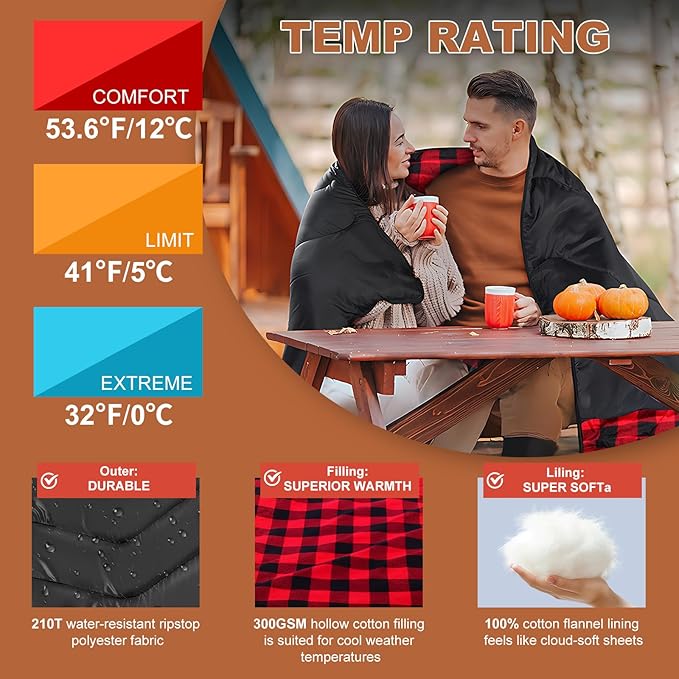 XL Queen Size 2 Person Double Sleeping Bag for Adults, Lightweight Compact with Flannel Liner & Thermolock Draft Tube, Machine Washable All Season Camping Travel