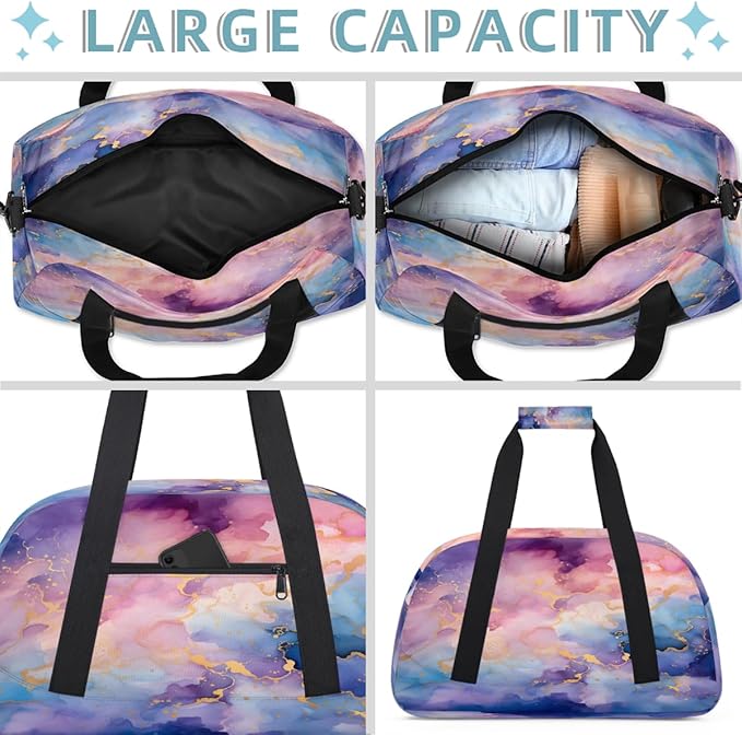 Duffle Bag for Women Men, Purple Blue Gold Marble Gym Bag for Travel Sports, Lightweight Waterproof Weekender Overnight Bags with Adjustable Strap