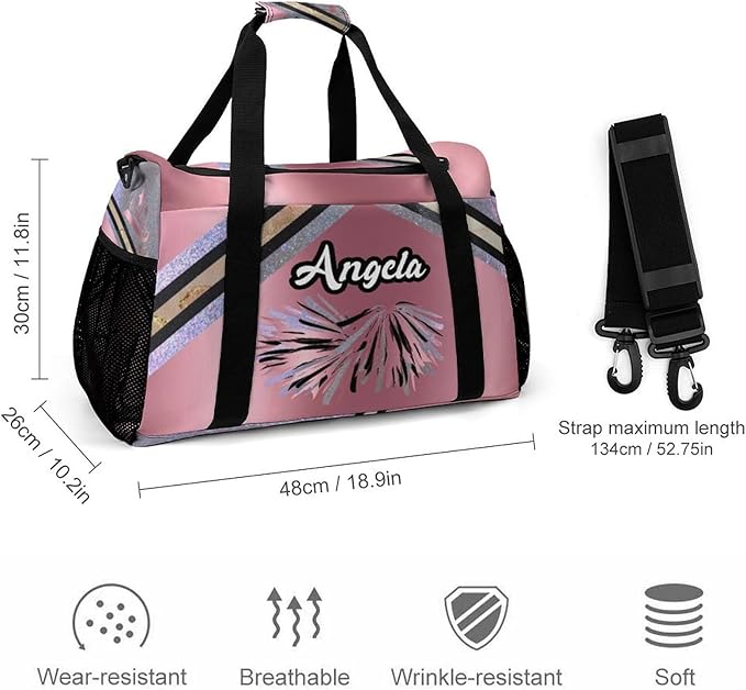 Personalized Sports Bag Name Duffel Bags with Adjustable Shoulder Strap Pink Cheer Rose Red Cheerleaders Travel Bags Perform Training Weekender Bag