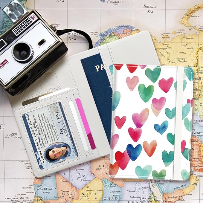 PU Leather Passport Holder Cover 5.9×4.3 Inch with Credit Card Slot and Boarding Pass Slot Combo Blocking Passport Holder Wallet Cover Case for Travel Boarding Essentials (Heart)