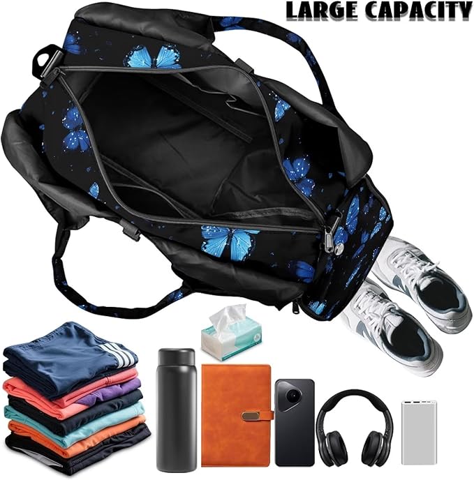 Blue Butterfly Small Gym Bag for Women Travel Duffel Bag with Shoe Compartment Decorative Tote Bags for Yoga, Sports, Hospital, Overnight, Weekender Organizer, Black