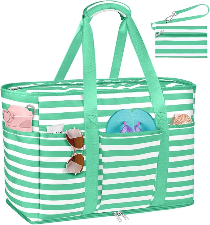 Large Beach Bag with Zipper, 12 Pockets Waterproof Sandproof Pool Bag Womens Mesh Beach Tote Bag for Travel Vacation