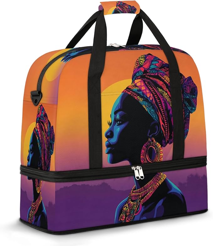 Foldable Travel Duffel Bag for Women - Carry on Personal Item Bag with Shoes Compartment, Weekender Overnight Duffle Bags Sport Tote Gym Luggage for Airplanes(Traditional African woman)