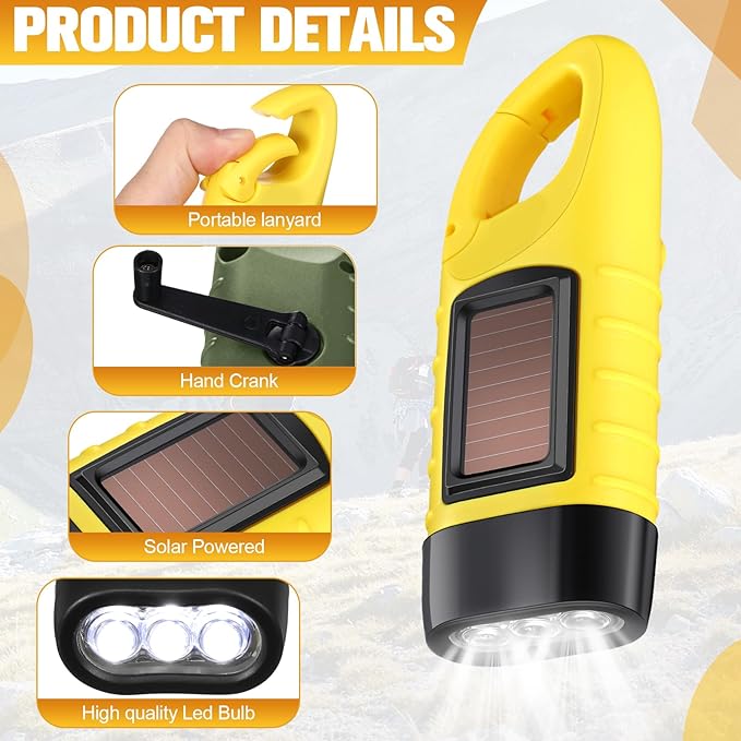 Mudder 6 Pcs Hand Crank Solar Powered Flashlights Emergency Rechargeable LED Handheld Flashlights for Survival Gear Outdoor Sports Camping Hiking Backpack Safety(Green,Yellow)