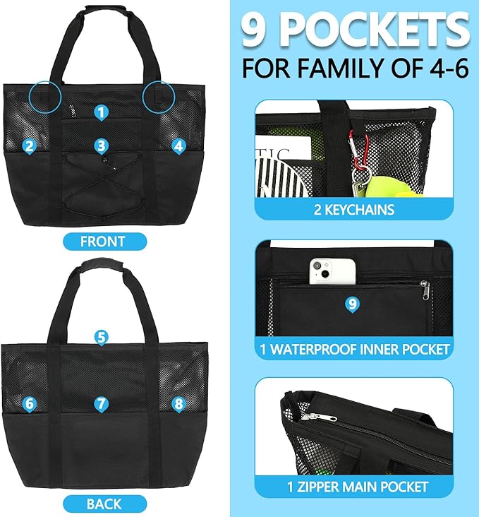 Mesh Beach Bag, Large Beach Tote with Zipper Pocket, Toys Pool Bag for Family Travel Vacation Cruise Essentials